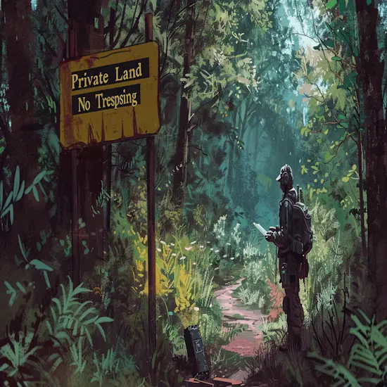 Hunter Standing Next to a Private Land No Trespassing Sign