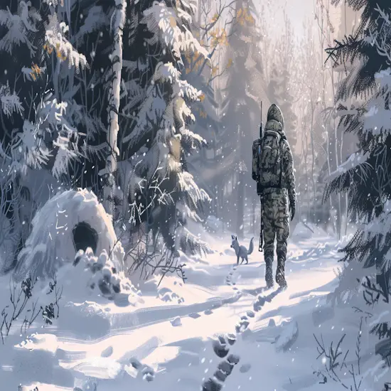 Hunter Tracking Gray Fox Footprints in the Snow