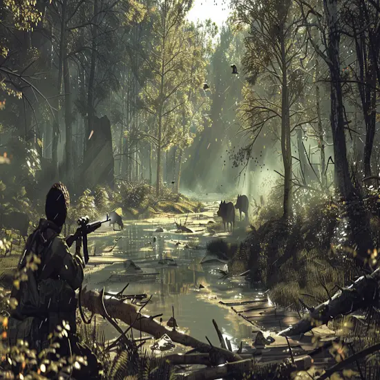 Hunter Tracking Wild Boars in a Dense Forest