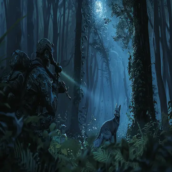 Hunter Using a Spotlight at Night to Illuminate a Gray Fox