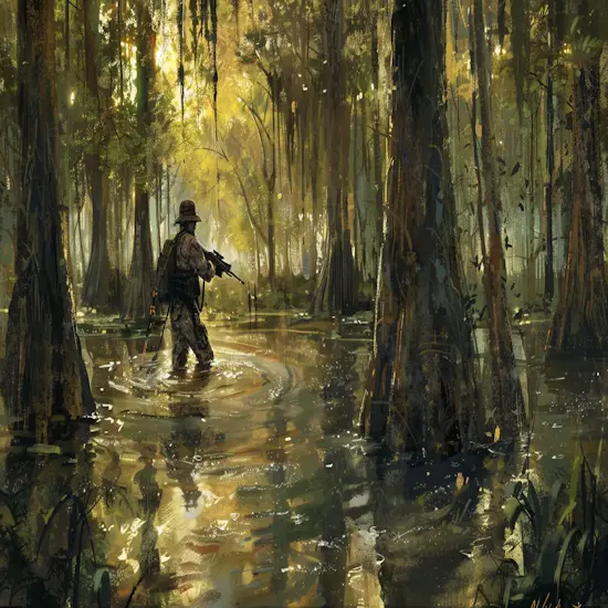 Hunter Wading Through a Murky Swamp on Private Land
