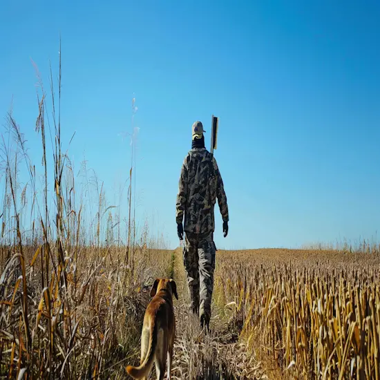 Hunter Walking Through Tall Grass With a Trained Bird Dog