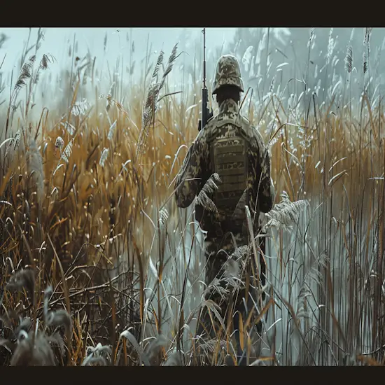 Hunter Walking Through Tall Grass in a Field