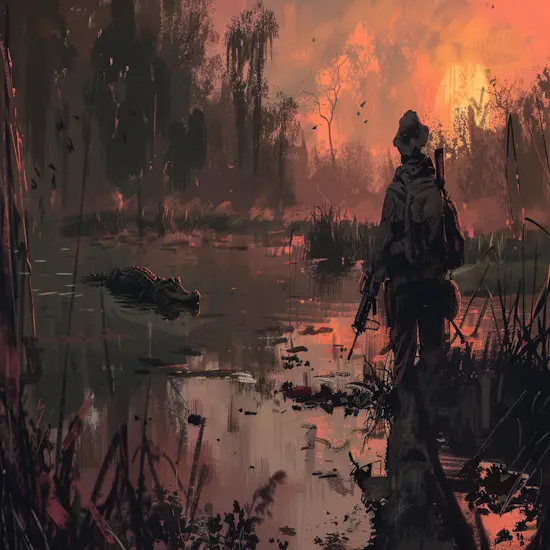 Hunter in a Swamp at Dusk With Alligators Lurking Nearby
