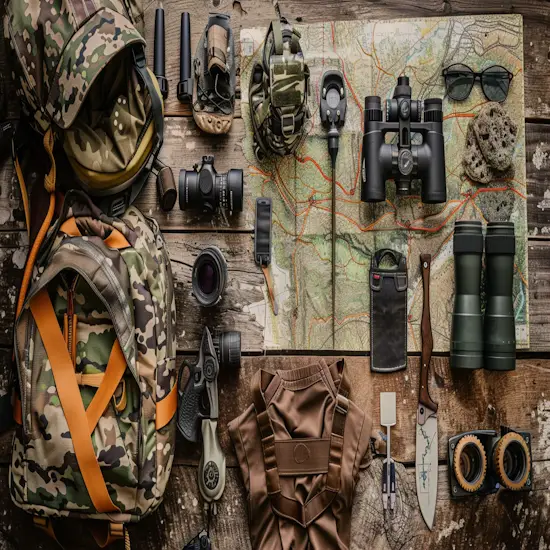 Hunter's Equipment Laid Out on a Wooden Table
