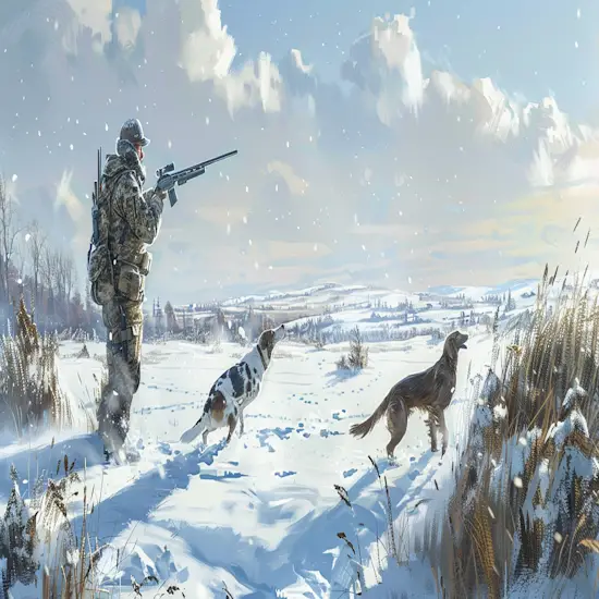 Snowy Field With a Hunter And Trained Bird Dogs