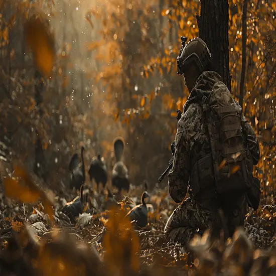 Turkey Hunter Observing a Group of Wild Turkeys